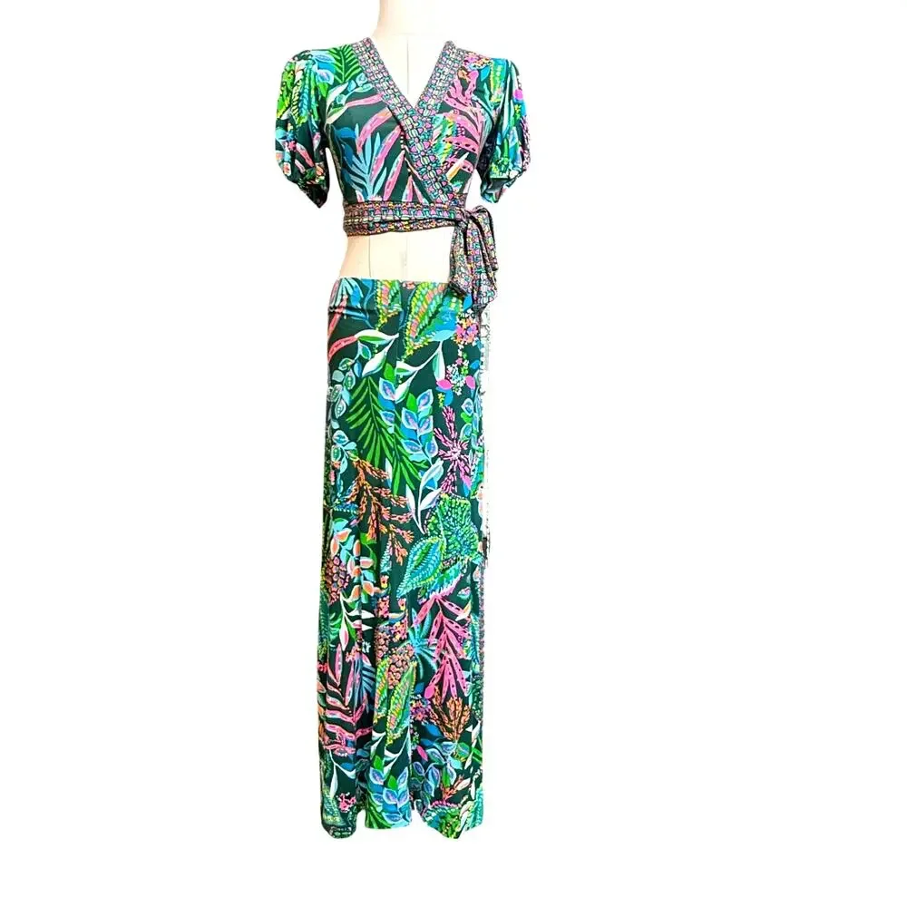 Lilly Pulitzer 2 Piece Tropical Wrap Crop Top Maxi Skirt Set XXS Floral Resort
